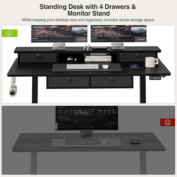 Grandder Electric Standing Desk with Four Drawers, Sit to Stand Up Height Adjustable Desk with Storage Shelf for Home Office, 47 * 28 Inch, Study, Ergonomic Adjustable Computer Desk, Black - Image 7