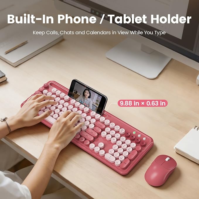 Wireless Keyboard and Mouse Combo, Retro Round Keycaps, Full-Size Stylish Typewriter Keyboard with Large Phone/Tablet Holder, 3-Level DPI Ergonomic Mouse, 2.4GHz Cordless for Windows PC, Rose Pink | Full-Size Retro Typewriter-Style Keyboard, Tilt Legs,... - Image 2