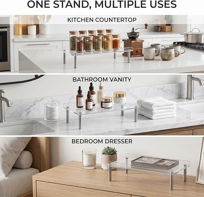 Clear Acrylic Riser, Display Stand, Large Transparent Monitor Riser Stand Acrylic Shelf with Non-Slip Feet, Desktop Organizer for Collectibles, Figurines, Cosmetics, Multifunctional Stand - Image 3