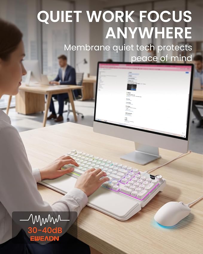EWEADN Wired Keyboard and Mouse Combo with Detachable Wrist Rest, Quiet Ergonomic Keyboard Mouse Set with Multimedia Knob, RGB Backlit, Double-Shot Keycaps Natural Typing for Laptop, PC - White - Image 3