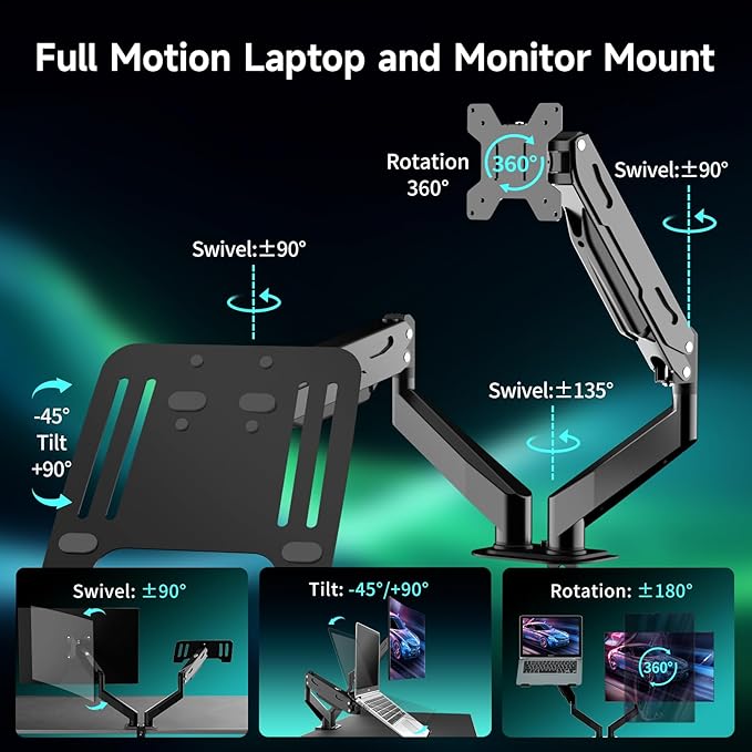 Pholiten Monitor and Laptop Mount for Max 32" Screen and 17" Notebook | Dual Monitor Mount Holds up to 22lbs Each, Laptop Tray Stand with Gas Spring Arm, VESA 75x75/100x100mm - Image 2