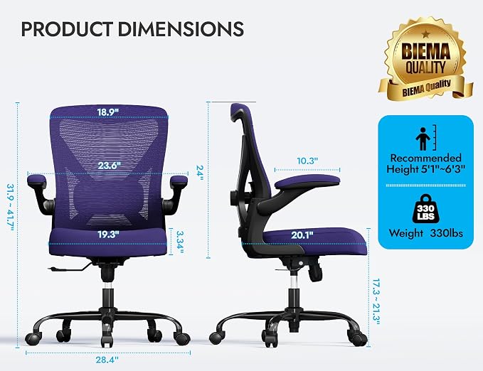 Office Chair: Mesh Ergonomic Desk Chair with 3D Lumbar & Swivel | 330LBS Computer Chair-Executive Task Work Chairs with Flip-up Arms Home Office Desk Chairs Gaming Chair for Long Hour(Purple) - Image 2