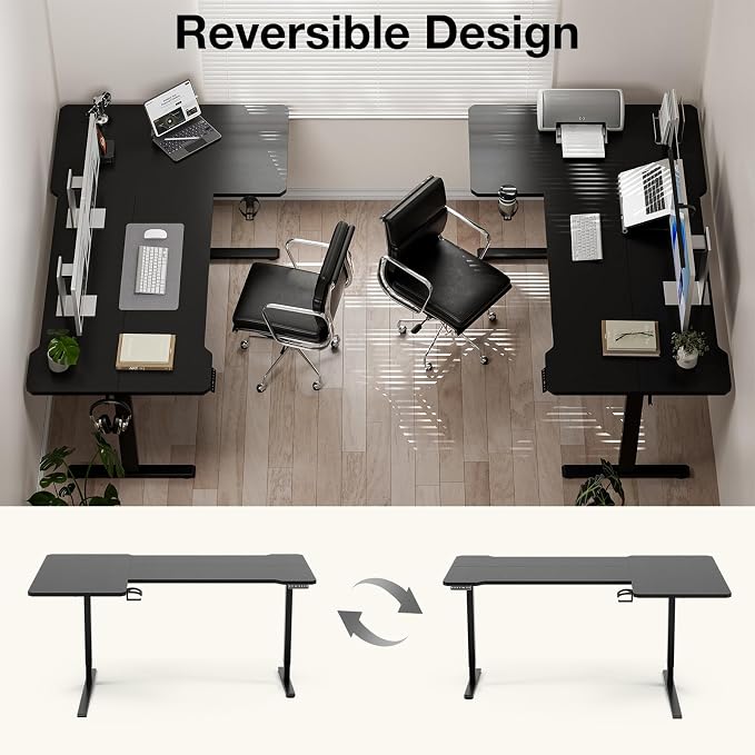 L Shaped Electric Standing Desk - 71x43.5 Inch Reversible Corner Sit Stand Desk with Hook&Cup Holder,Electric Height Adjustable Table,for Home Office Gaming&Trading Computer Desk, Black - Image 4