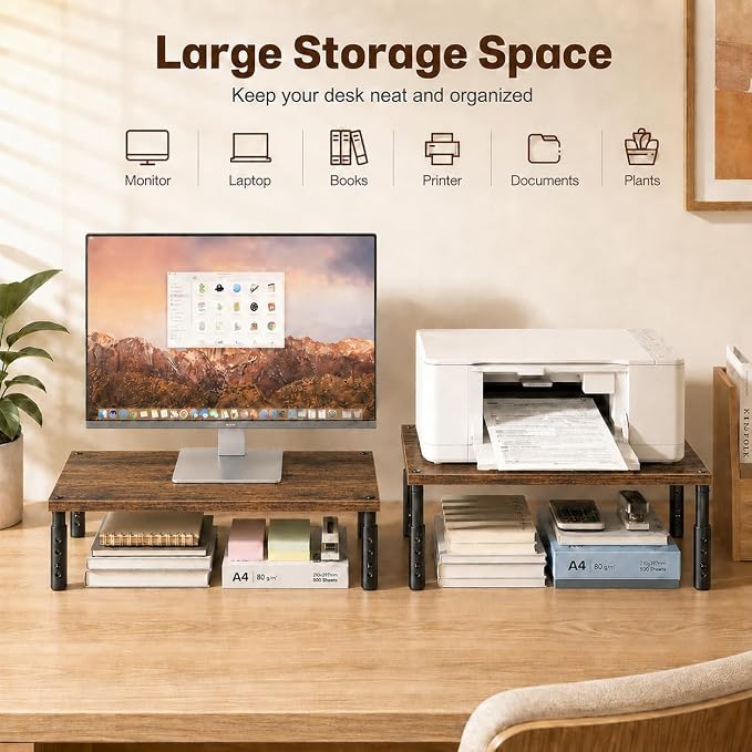 Adjustable Monitor Stand Riser for Desk, Wood Computer & Laptop Stand, Desk Organizers and Accessories, Office Desk Accessories & Workspace Organizer for Home Office Supplies, Brown - Image 6
