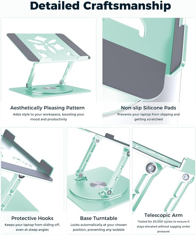 Aoviho 360° Rotating Laptop Stand for Desk | Adjustable, Foldable, Portable Aluminum Ergonomic Riser | Compatible with MacBook, Dell, HP & All Laptops 10-16 inch | Mint Green - Image 6