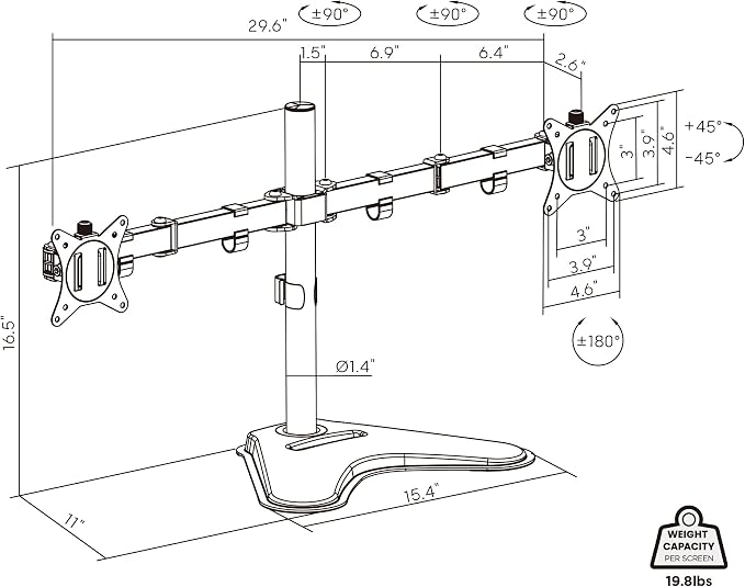 Mount-It! Dual Monitor Desk Stand Mount for 2 Screens VESA 75x75 & 100x100 | Fits two VESA 75x75/100x100 screens, sturdy desk stand for a clean dual-monitor workstation. - Image 6