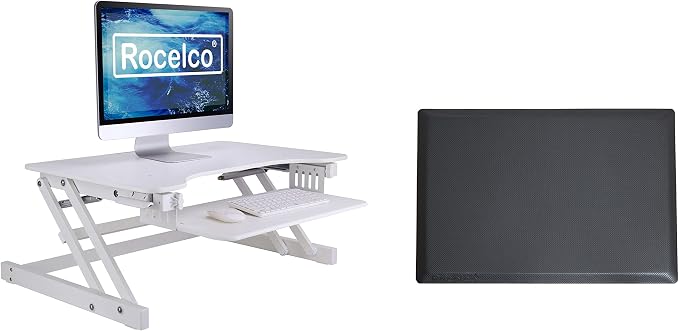 Rocelco 32" Height Adjustable Standing Desk Converter with Anti Fatigue Mat BUNDLE | Sit Stand Up Dual Monitor Riser | Computer Workstation | Large Retractable Keyboard Tray | White (R ADRW-MAFM) by Rocelco