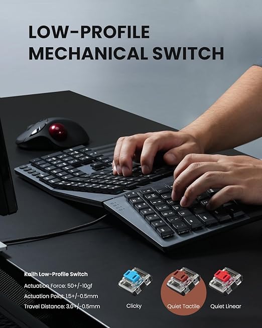 Perixx PERIBOARD-535BL [Firmware Updated] Wired Ergonomic Mechanical Keyboard - Full-Size - Low-Profile Blue Clicky Switches - Compatible with Windows and macOS - Image 5