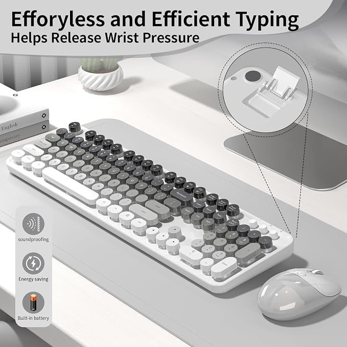 Creamy Wireless Keyboard and Mouse, MOFII 104 Round Keycaps Retro Typewriter with OTG & Brush, Full-Size Ergonomic, Ideal for Windows PC, Home, Office and College Gray White - Image 6