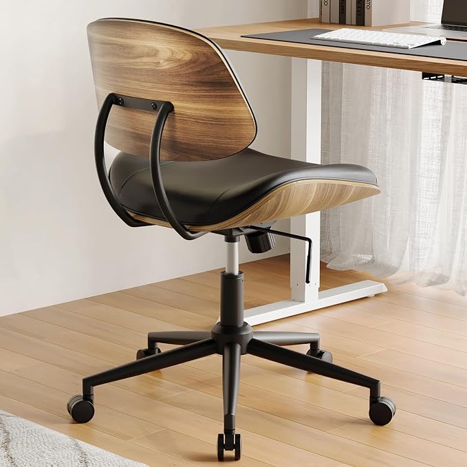 Armless Office Chair with Wheels, PU Leather Desk Chair, Black | Adjustable Height Task Chair, 360° Swivel Ergonomic Computer Chair for Small Space, Modern Walnut Style, Home & Meeting Room - Image 6
