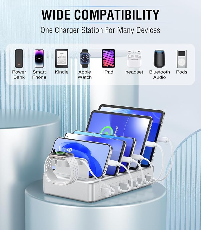 Charging Station for Multiple Devices,50W 6 Port & 6 Cables Charger Station | for Apple Device with Watch Holder, Charging Dock for Cellphone, Kindle, Tablet and Other Electronic (Sliver) - Image 3