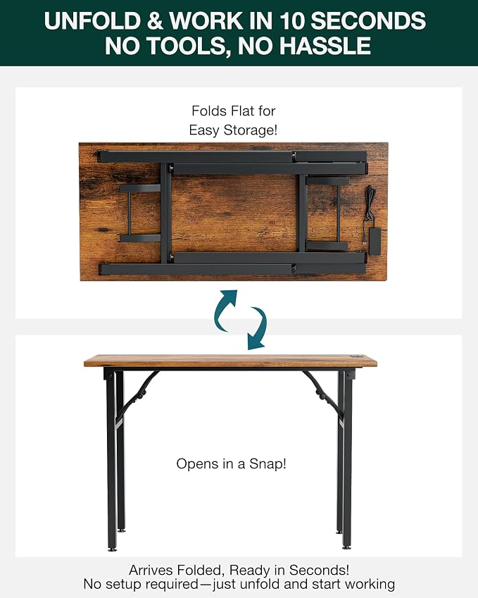 Small Folding Computer Desk – 43.3 Inch Portable Table for Craft and Study, Lightweight Desk for Small Spaces, Foldable Laptop Table Built-in AC/USB Outlets for Convenience, Rustic Brown - Image 3