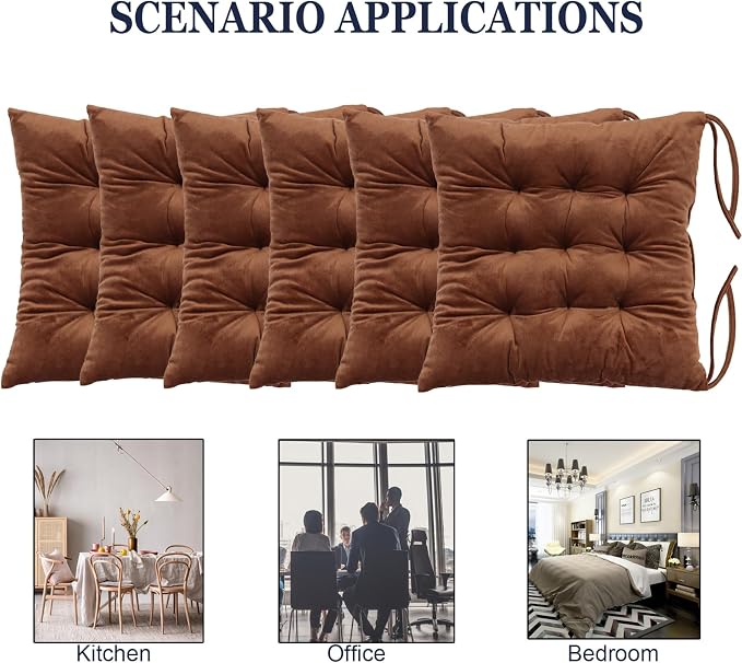 6 Pack Square Seat Cushion Chair Pads for Kitchen Dining Chairs, Soft Comfort Velvet Chair Mat Pillow Cushions with Ties for Office Desk Living Room Tatami 15.5", Coffee - Image 5