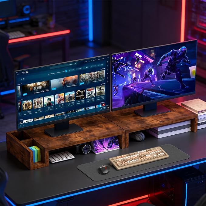 Wood Dual Monitor Stand Riser for Desk, 30" Long Monitor Riser with Pen Holders, Desktop Storage Organizer for 2 Monitors, Computer, Laptop, PC, Printer, TV, Rustic Brown (Dual) - Image 6