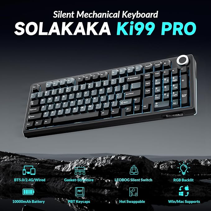 SOLAKAKA KI99 Pro Wireless Mechanical Keyboard with Quiet Switch, Hot Swappable Pre-Lubed Switches with RGB Backlit, Gasket Structure Computer Gaming Keyboard (BlackBlue, Silent Switch) - Image 2