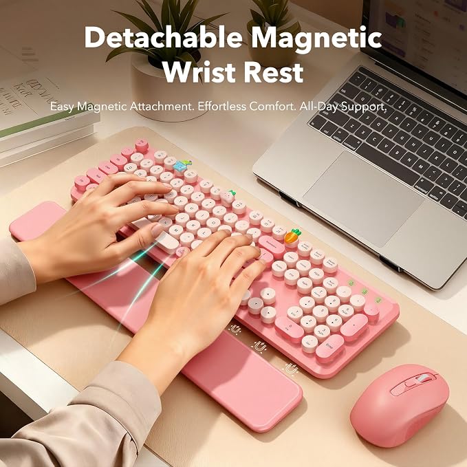 Wireless Keyboard and Mouse Combo, Cute Full-Size Retro Typewriter Keyboard with Round Keycaps, Magnetic Wrist Rest, Tilt Legs, 2.4GHz Cordless for Mac, Windows PC, Laptop, SABLUTE CK23, Baby Pink | Full-Size Retro Typewriter-Style Keyboard, Tilt Legs,... - Image 2