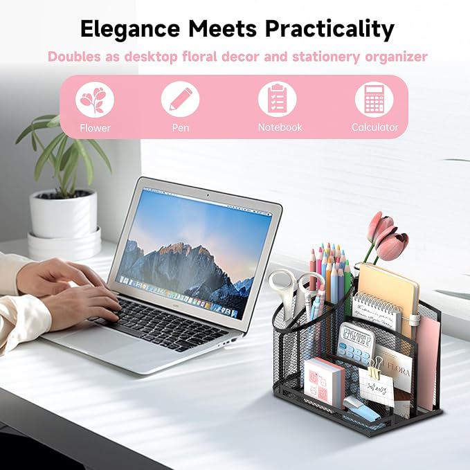 Desk Organizer with 3 Compartment Pen Holder, 3-Slot Mail Organizer and Flower Tube, Metal Mesh Bill Organizer for Pencil, Envelope, Letter and Office Supplies, Black - Image 3