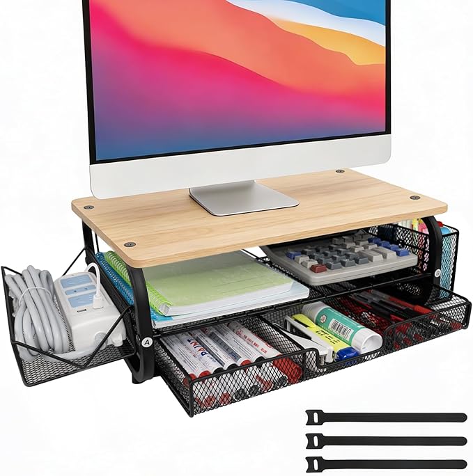 Desk Organizers and Accessories Monitor Riser, Monitor Stand with Drawer (2-Tier Drawers) with Large Side Storage Rack & Cable Management,66LBS/30KG, Office Organization, Oak by Bingyouth