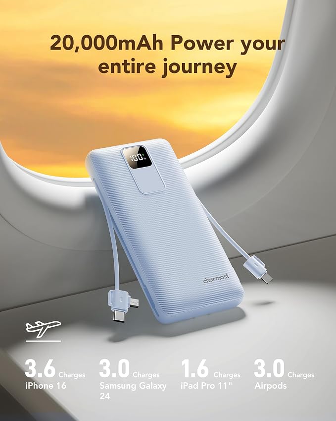 charmast 20000mAh Portable Charger with Built-in Cables and AC Wall Plug | 20W Fast Charging Power Bank, Power 3 Devices at Once, Family Travel Essential Battery Pack for iPhone, Samsung, Android - Image 5