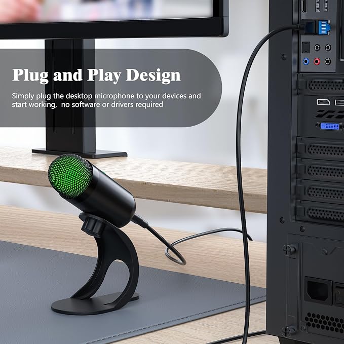 USB Computer Microphone, Podcast Mic Desktop with Mute Button for Recording Streaming, Color Change, Omnidirectional Condenser, Plug and Play with Stand for PC, Laptop, Mac, YouTube - Image 3