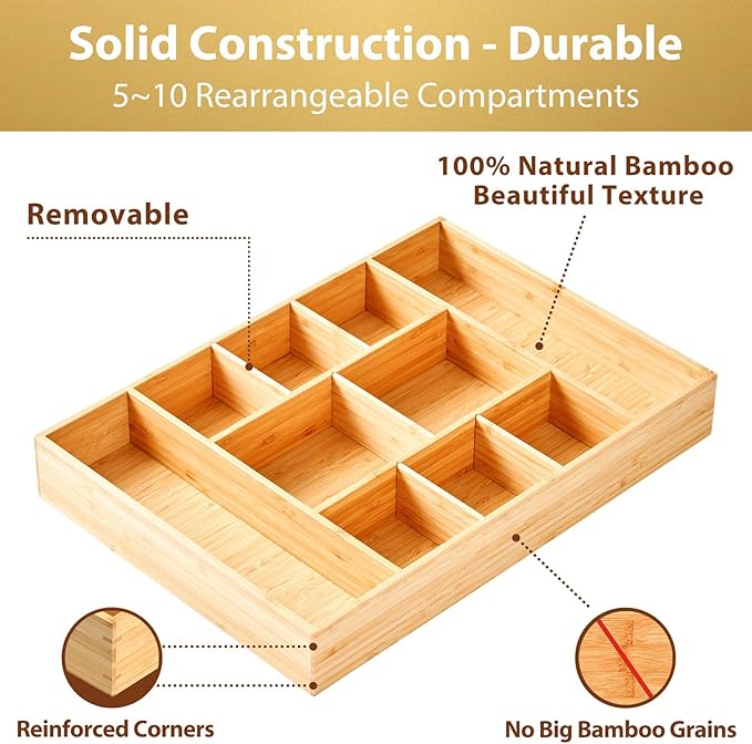 Extra Large Bamboo Desk Drawer Organizer, Wood Junk Organizer Tray with Adjustable Dividers, Anti-Skip Storage Organization in Office Bathroom Drawer for Vanity, Makeup, 17" x 12" - Image 5