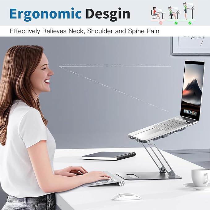 YICOSUN Adjustable Laptop Cooling Stand with 2 Quiet Fans & RGB Lighting, Aluminum Alloy & Foldable Ergonomic Design for MacBook, Lenovo, ASUS, Dell 10-16 Inch, Perfect for Gaming, DJ, Office - Silver - Image 3