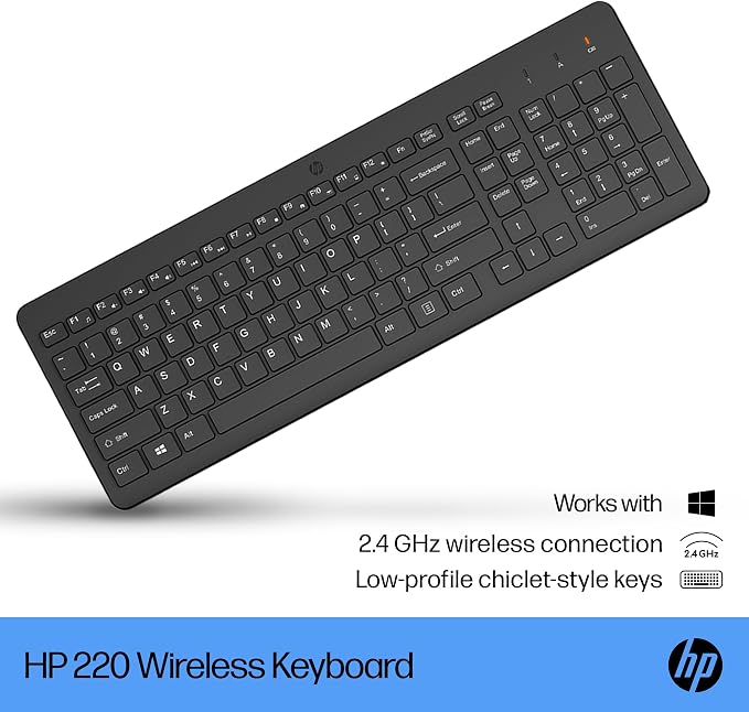 HP 220 Wireless Keyboard - 2.4GHz Connectivity w/Data Encryption - Low-Profile Chiclet Keys - Win/Mac - Laptop, PC Compatible - Shortcut Keys & Num Pad - LED Num, Caps, & Scroll Lock (‎‎805T2AA#ABA) - Image 2