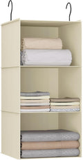 Hanging Closet Organizer 3-Shelf, Oxford Fabric Wardrobe Storage, Beige | Easy-mount foldable design holds clothes, handbags, shoes & accessories; washable Oxford fabric, sturdy and space-saving. by DonYeco