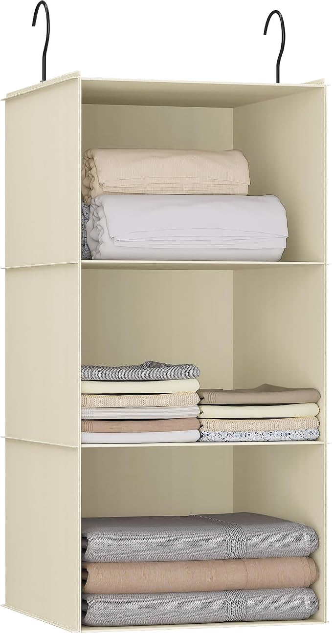 Hanging Closet Organizer 3-Shelf, Oxford Fabric Wardrobe Storage, Beige | Easy-mount foldable design holds clothes, handbags, shoes & accessories; washable Oxford fabric, sturdy and space-saving. by DonYeco