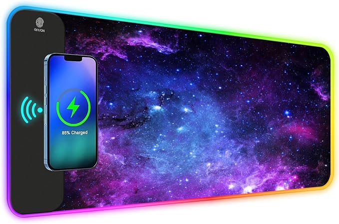 ToLuLu RGB Gaming Wireless Charging Mouse Pad, 7.5/10/15W 10 Light Modes LED Mouse Pad Computer Keyboard Mat Mousepad, 800x300x4MM Extended Large Desk Mat for MacBook, Laptop, PC, Purple Galaxy Space by ToLuLu