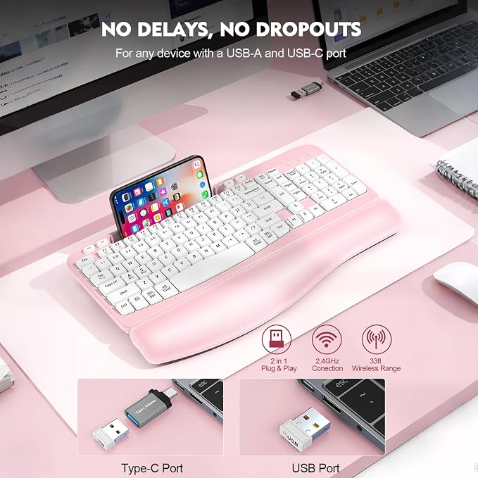 EAYBLLY 2.4G Wireless Ergonomic Keyboard, Full Size Wave Keys with Memory Foam Wrist Rest & 7.28in Phone Holder, USB-C Adapter Included for Windows Mac Chrome OS, Office or Home (Pink) - Image 6