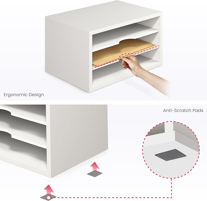 Ballucci File Organizer, 3-Tier Document Paper Sorter, Stackable Wood Desk Organizer, Mail Sorter and Monitor Stand with Storage Shelves, White - Image 7