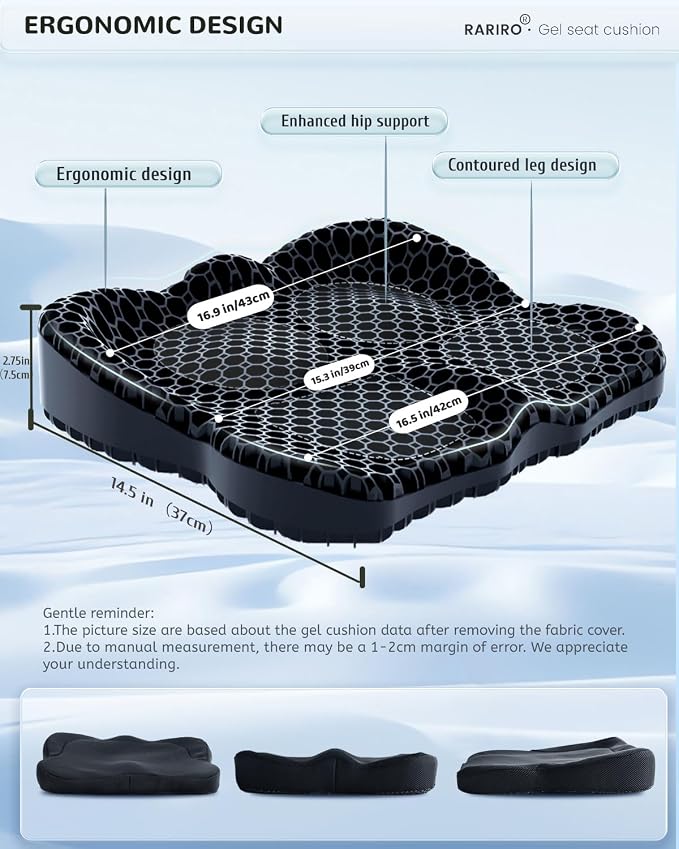 Breathable Honeycomb Gel Seat Cushion, Pressure Relief Cushion Long Sitting | Office Chair Pad, Car, Wheelchair, Home, Ergonomic Seat Cushion, Thickened 16.9*14.5*2.75in, Black - Image 3