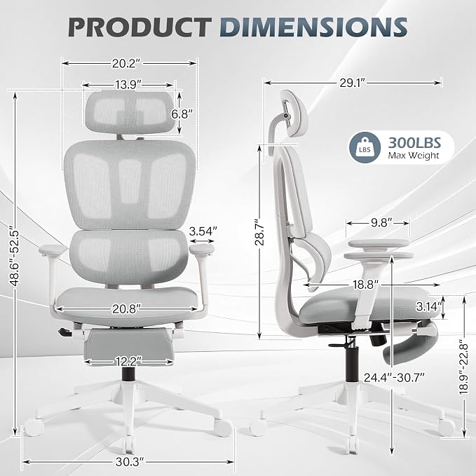 Ergonomic Office Chair with Footrest and Dynamic Lumbar Support, Grey | Reclining high-back computer chair, memory foam seat, 2D armrests, 2D headrest, mesh desk chair for home office, long hours - Image 3