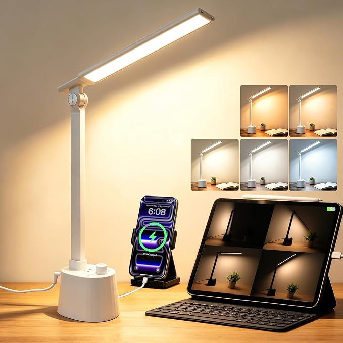 BOHON Small Desk Lamp with USB C Charging Port 5 Colors Stepless Dim White | Reading Light Space-Saving Rotating Head Desk Lamp for Home Office College Dorm Room Bedside Table Bedroom by BOHON