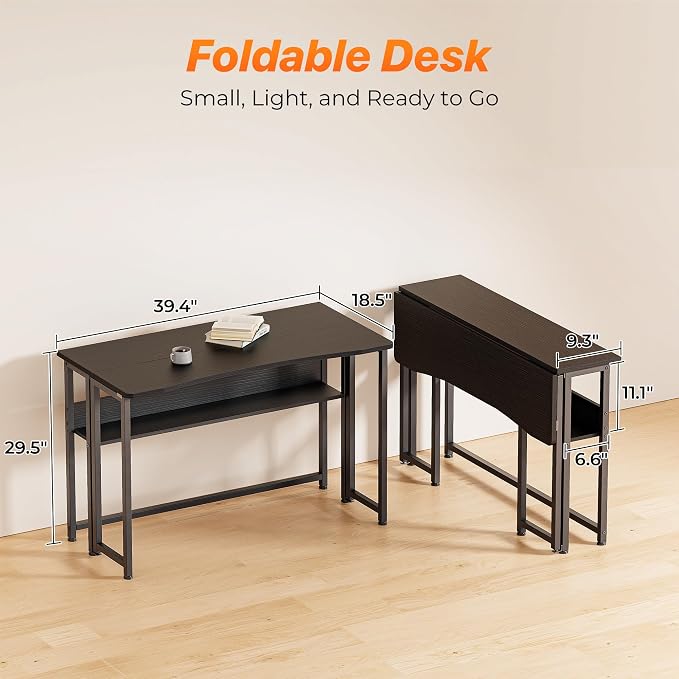 Huuger Folding Desk with Storage Shelf, 39.3 Inch Foldable Computer Table | Writing Work Office Computer Desk for Small Spaces, Space Saving Sofa Table for Couch, Easy to Fold, Black - Image 2