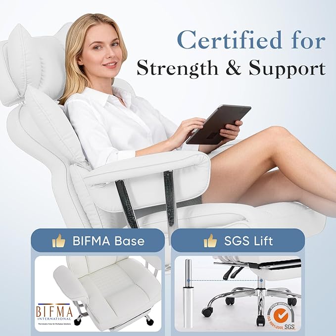 DUMOS Big and Tall Home Office Desk Chair, Executive Chair with Footrest | Scratch-Resistant PU Leather, Ergonomic Reclining, Pocket Spring Support, 400 LBS Weight Capacity, White - Image 4