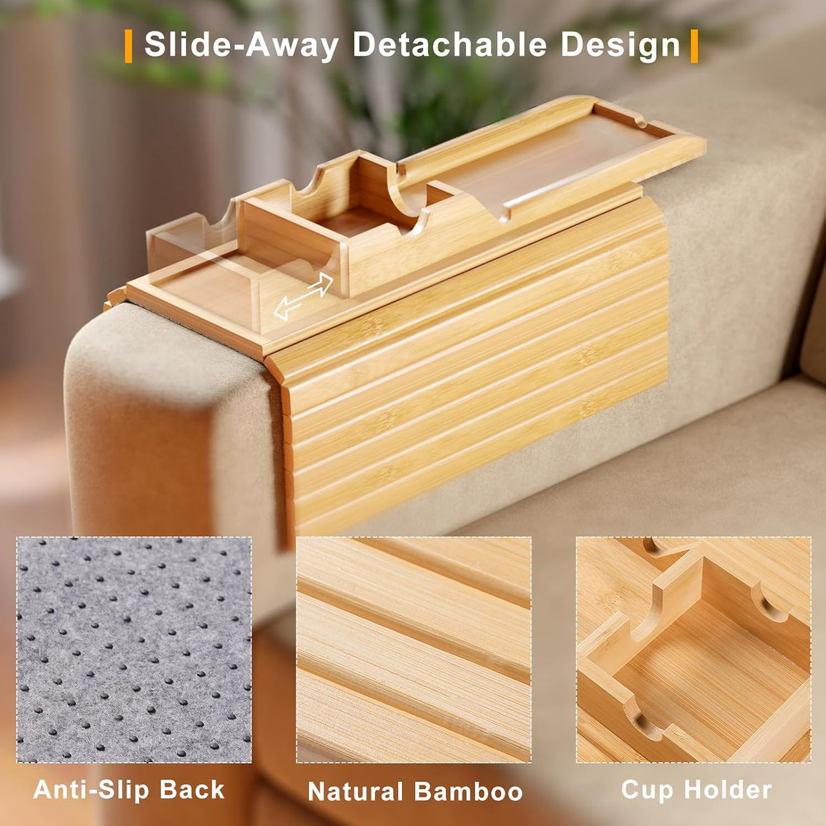 2 Pack Sofa Armrest Tray with Detachable Cup Holder Tray (Bamboo) - Image 2