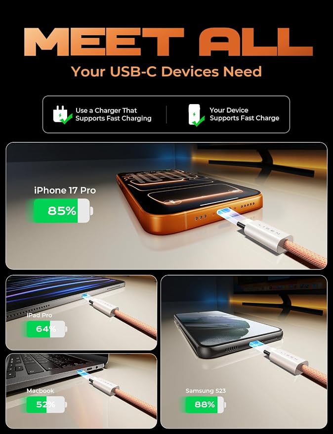 LISEN USB C Cable, 5-Pack [3.3/3.3/6.6/6.6/10FT] Orange for iPhone 17 Charger Cord, 60W C to C Cable Fast Charging for iPad, iPhone 17 Air 16 15 Pro Max, Samsung Z Flip 7/S25/S24 - Image 6