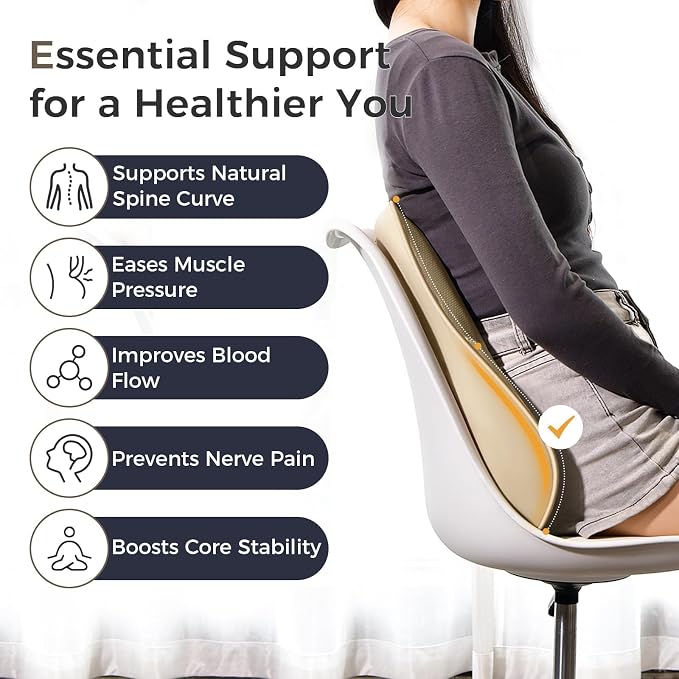Coverado Lumbar Support Pillow for Car, Ergonomic Memory Foam Back Pillow for Office Chair, Back Cushion for Back Pain Relief, PU Leather Car Lumbar Support for Driving Seat - Beige - Image 3