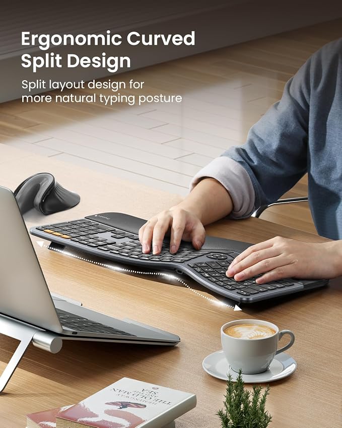 ProtoArc EK01 Plus Backlit Bluetooth Ergonomic Keyboard, Full Size, Grey | Adjustable brightness, split design, cushioned wrist rest, connect 3 devices via Bluetooth/2.4G, 2000mAh USB-C rechargeable. - Image 5