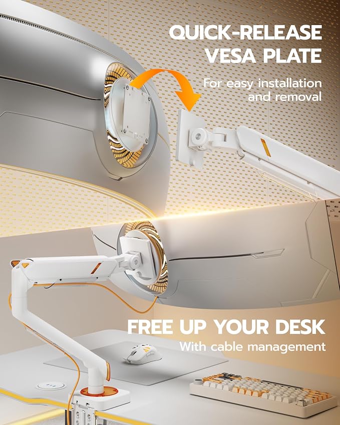 ARES WING 17-49 Inch Monitor Arm Ultrawide Single Monitor Mount, White | Heavy Duty Mechanical Spring Monitor Stand Adjustable Arms Holds up to 44lbs, 75/100 VESA Mount with Clamp/Grommet Base - Image 5