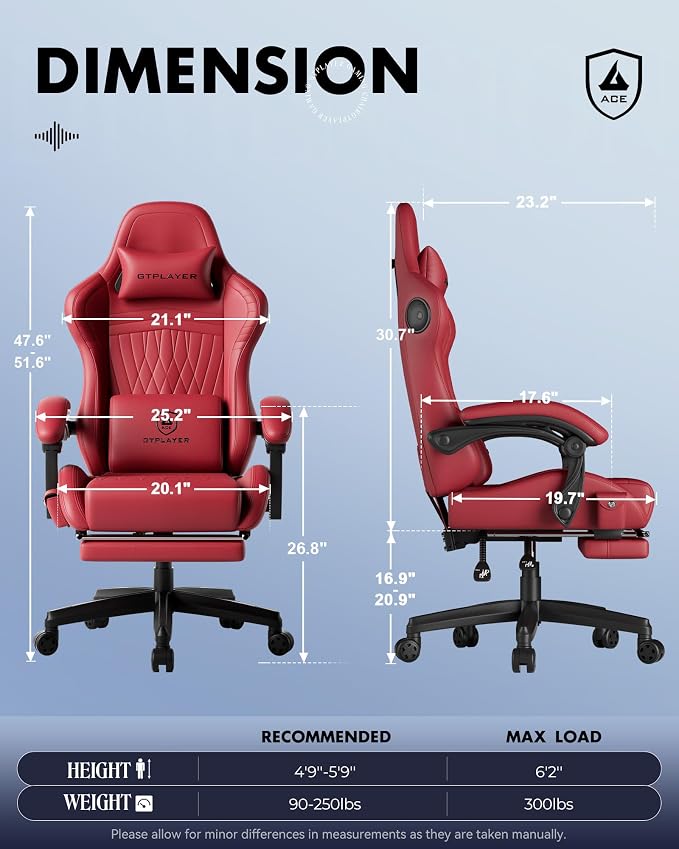 GTPLAYER Gaming Chair with Speakers, Video Game Chairs with Footrest, PC Gamer Chairs for Adults - Padded High Back Ergonomic Reclining Silla Gamer, Linkage Armrest, Ace Pro, Wine Red New - Image 3
