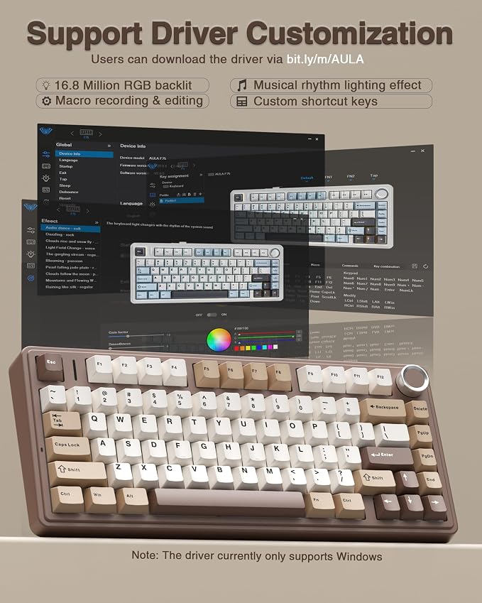 AULA F75 75% Wireless Mechanical Keyboard, Hot Swappable Creamy Keyboard, Pre-lubed Linear Switches, 2.4GHz/Type-C/BT5.0, RGB Backlit Gaming Keyboards(White&Brown) - Image 7
