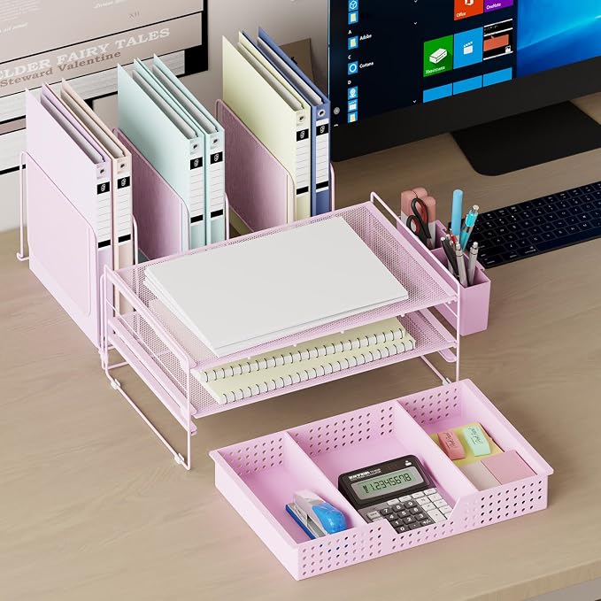 LEKETREE Pink Desk Organizer, Office Organization with Vertical File Holder, File Organizer with Drawer and Pen Holder, Desk Accessories and Workspace Organizers for Home Office (Pink) - Image 3