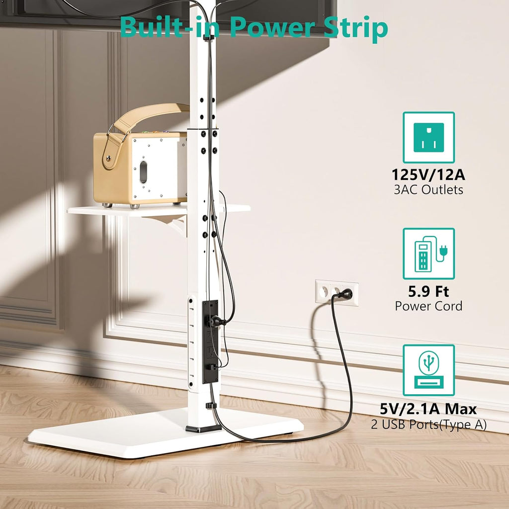 WALI Floor TV Stand with Power Outlet & AV Shelf, Tall TV Stand Mount for 36-75 inch TV up to 110 lbs, Swivel and Height Adjustable TV Stands with Wood Base for Bedroom, Office(TVDVD-6PW), White - Image 2