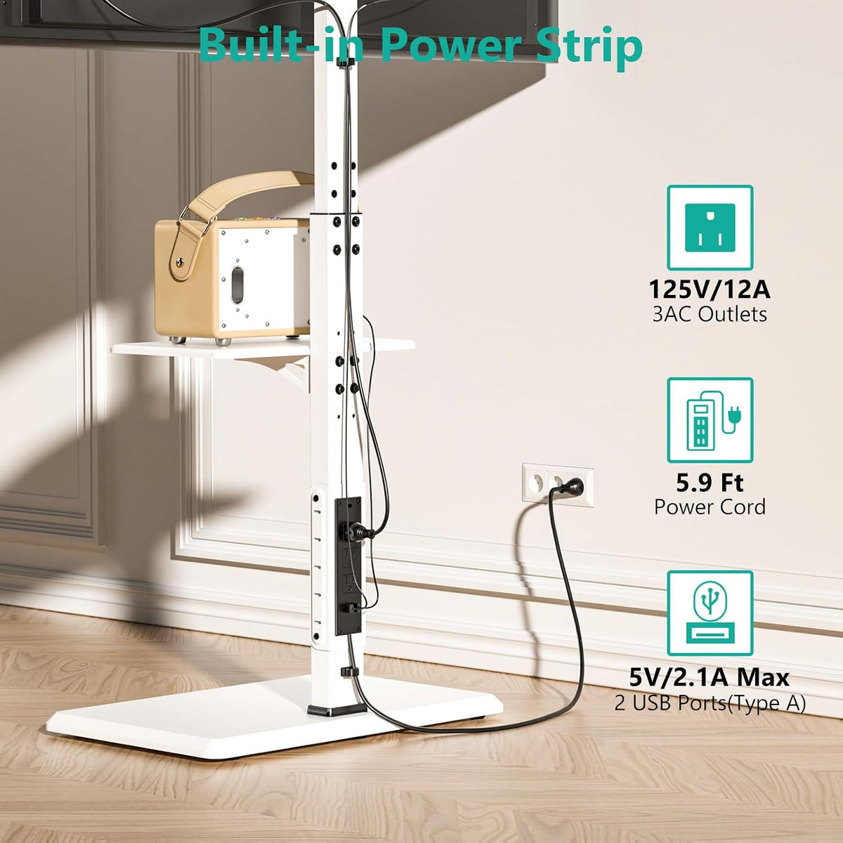 WALI Floor TV Stand with Power Outlet & AV Shelf, Tall TV Stand Mount for 36-75 inch TV up to 110 lbs, Swivel and Height Adjustable TV Stands with Wood Base for Bedroom, Office(TVDVD-6PW), White - Image 2