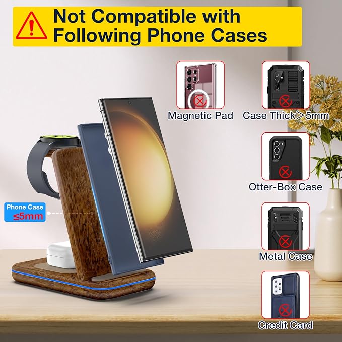 Wireless Charger for Samsung/Android, HOLYJOY Foldable 3 in 1 Fast Charging Station/Stand/Multi Charger for Samsung S25 Ultra/S24/Note 20, Travel Pad for Galaxy Watch 8/7/6/5/Active 2, for Buds(Wood) - Image 3