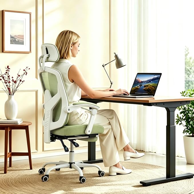 Ergonomic Office Chair with Footrest, Computer Gaming Chair | Adjustable Headrest, Lumbar Support, Swivel Reclining, Padded Armrest, Mesh High Back, Home Desk Work Study, Green - Image 2