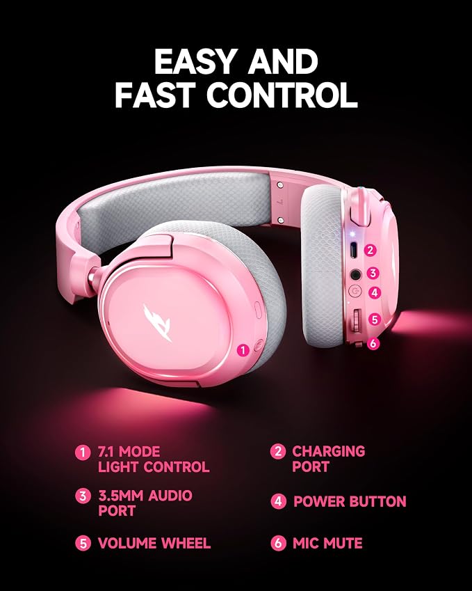 Wireless Gaming Headset, 7.1 Surround Sound, 2.4GHz USB Gaming Headphones with Bluetooth 5.4, 100H Battery, ENC Noise Canceling Mic, RGB Light, Wireless Headset for PC PS5 PS4 Mac Switch (Gray-Pink) - Image 8